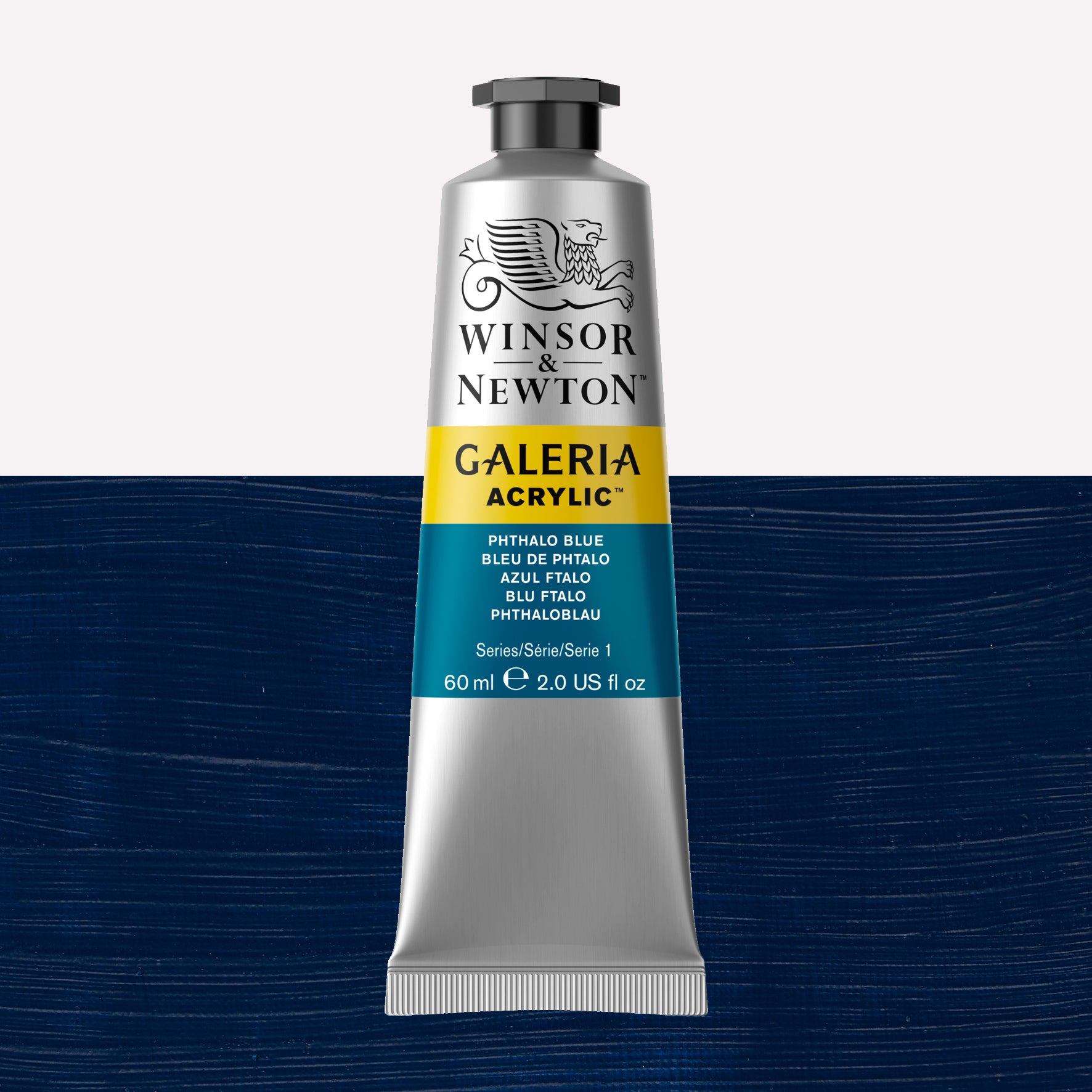 A 60ml tube of vibrant Galeria Acrylic paint in the shade Phthalo Blue Hue. This professional-quality paint is packaged in a silver tube with a black lid. Made by Winsor and Newton.