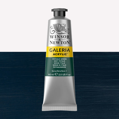 A 60ml tube of vibrant Galeria Acrylic paint in the shade Phthalo Green. This professional-quality paint is packaged in a silver tube with a black lid. Made by Winsor and Newton.