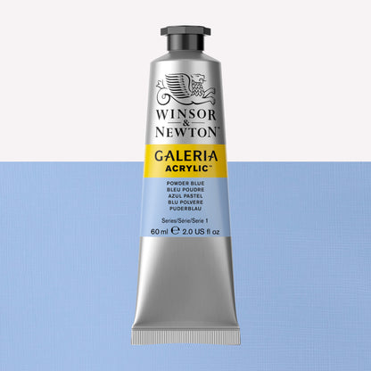A 60ml tube of vibrant Galeria Acrylic paint in the shade Powder Blue. This professional-quality paint is packaged in a silver tube with a black lid. Made by Winsor and Newton.