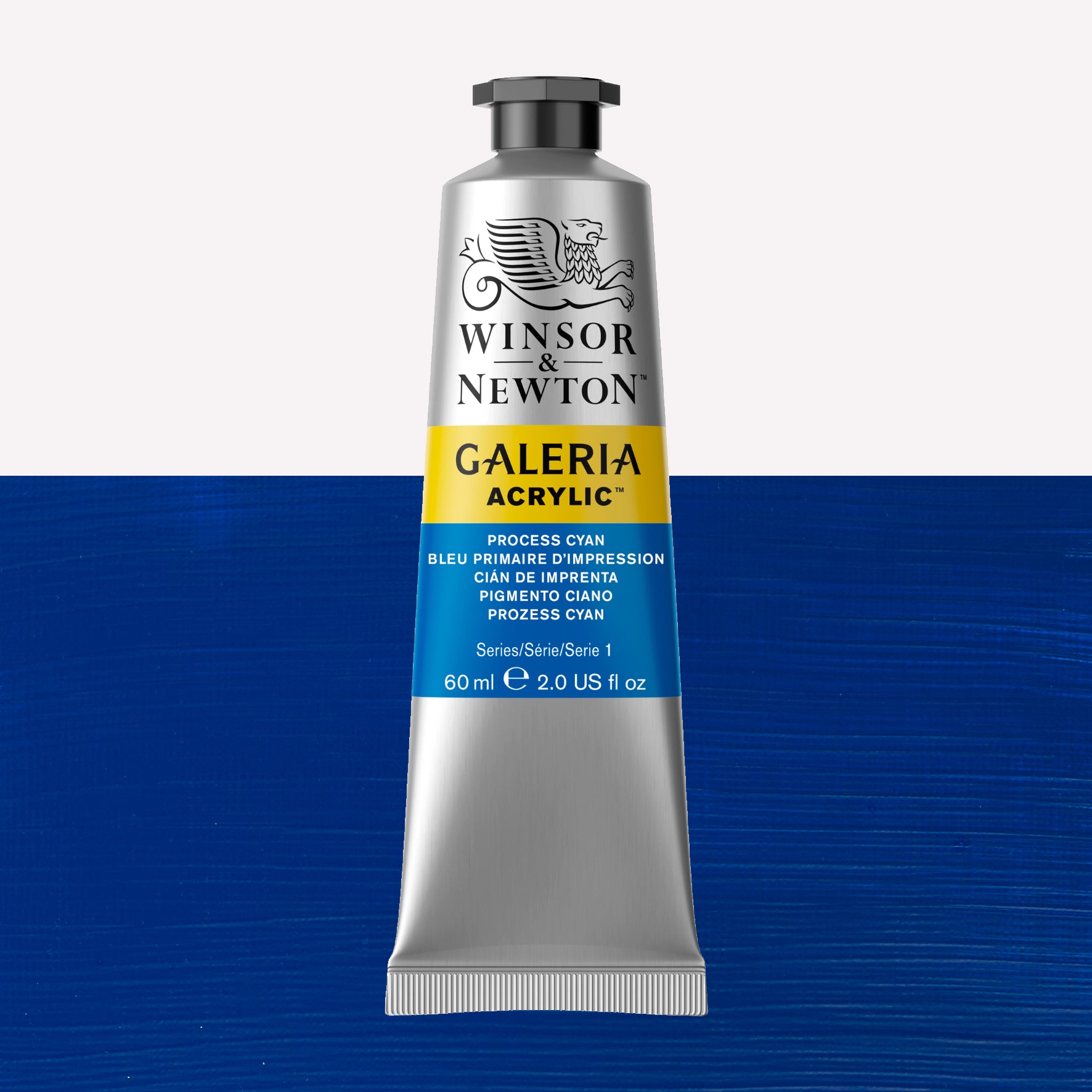 A 60ml tube of vibrant Galeria Acrylic paint in the shade Process Cyan This professional-quality paint is packaged in a silver tube with a black lid. Made by Winsor and Newton.