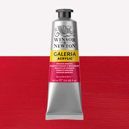 A 60ml tube of vibrant Galeria Acrylic paint in the shade Process Magenta. This professional-quality paint is packaged in a silver tube with a black lid. Made by Winsor and Newton.