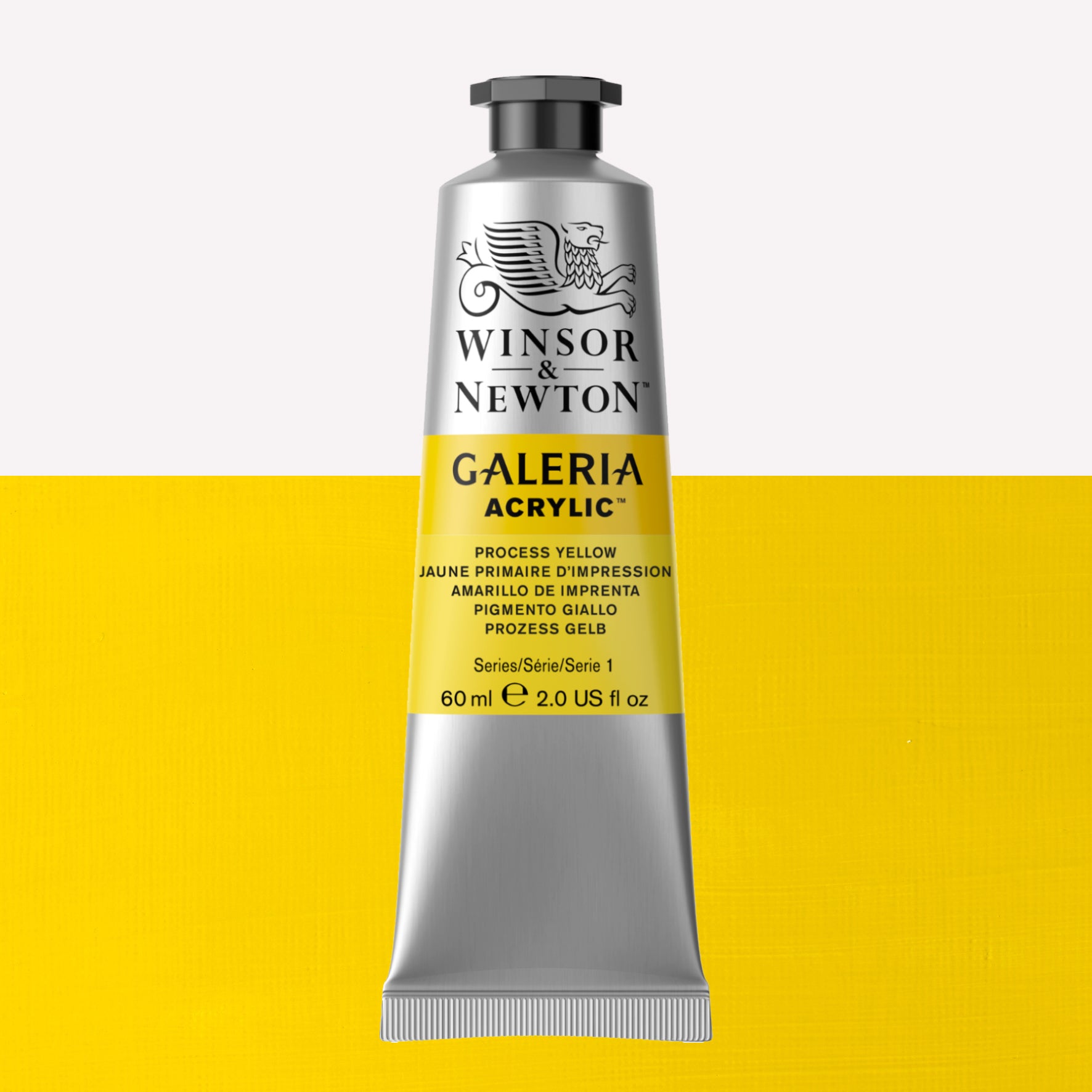 A 60ml tube of vibrant Galeria Acrylic paint in the shade Process Yellow. This professional-quality paint is packaged in a silver tube with a black lid. Made by Winsor and Newton.