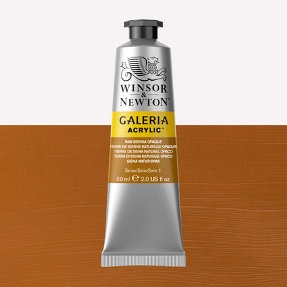 A 60ml tube of vibrant Galeria Acrylic paint in the shade Raw Sienna Opaque. This professional-quality paint is packaged in a silver tube with a black lid. Made by Winsor and Newton.