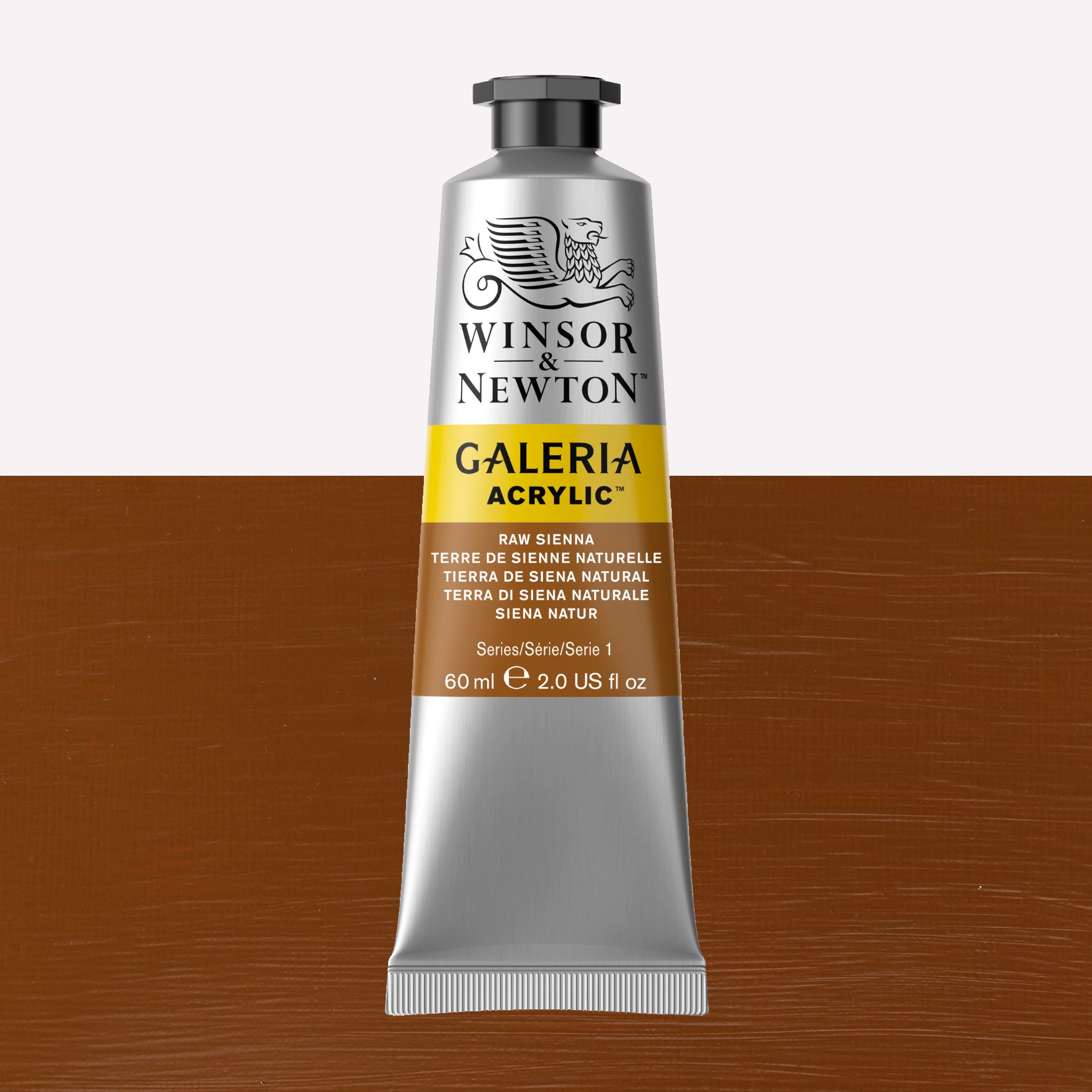 A 60ml tube of vibrant Galeria Acrylic paint in the shade Raw Sienna. This professional-quality paint is packaged in a silver tube with a black lid. Made by Winsor and Newton.