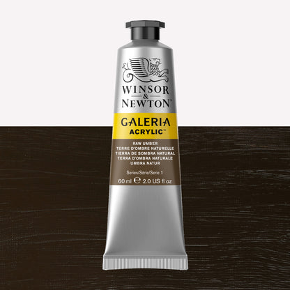 A 60ml tube of vibrant Galeria Acrylic paint in the shade Raw Umber. This professional-quality paint is packaged in a silver tube with a black lid. Made by Winsor and Newton.