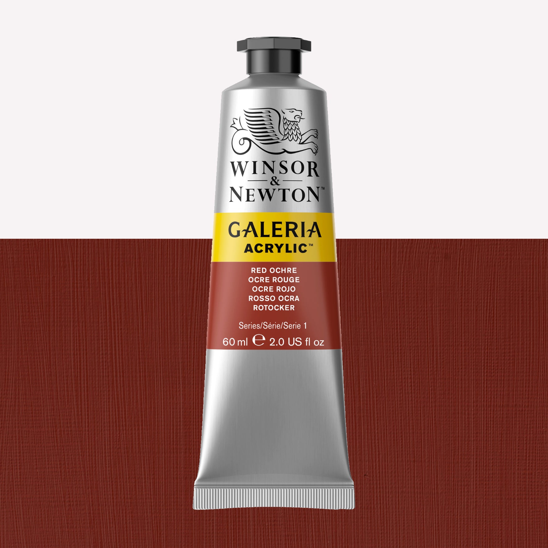 A 60ml tube of vibrant Galeria Acrylic paint in the shade Red Ochre. This professional-quality paint is packaged in a silver tube with a black lid. Made by Winsor and Newton.