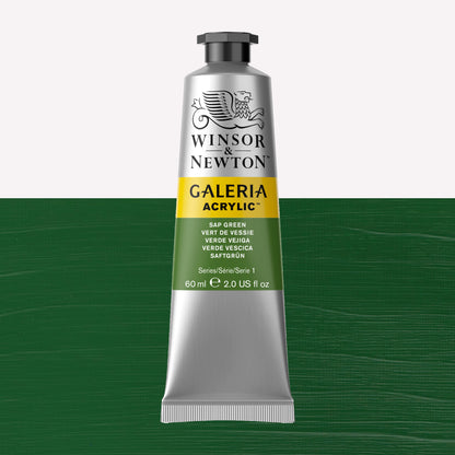 A 60ml tube of vibrant Galeria Acrylic paint in the shade Sap Green. This professional-quality paint is packaged in a silver tube with a black lid. Made by Winsor and Newton.