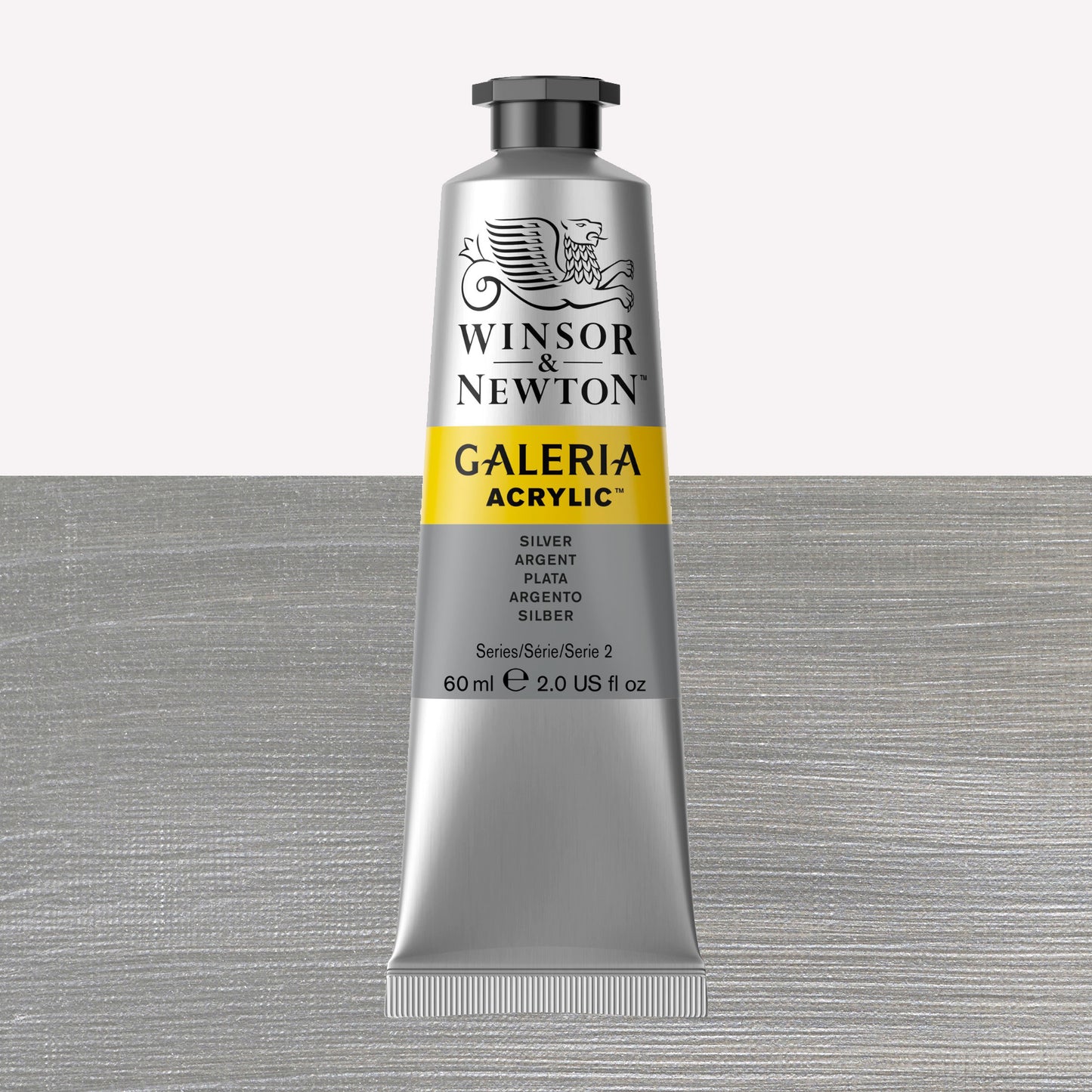 A 60ml tube of vibrant Galeria Acrylic paint in the shade Silver. This professional-quality paint is packaged in a silver tube with a black lid. Made by Winsor and Newton.