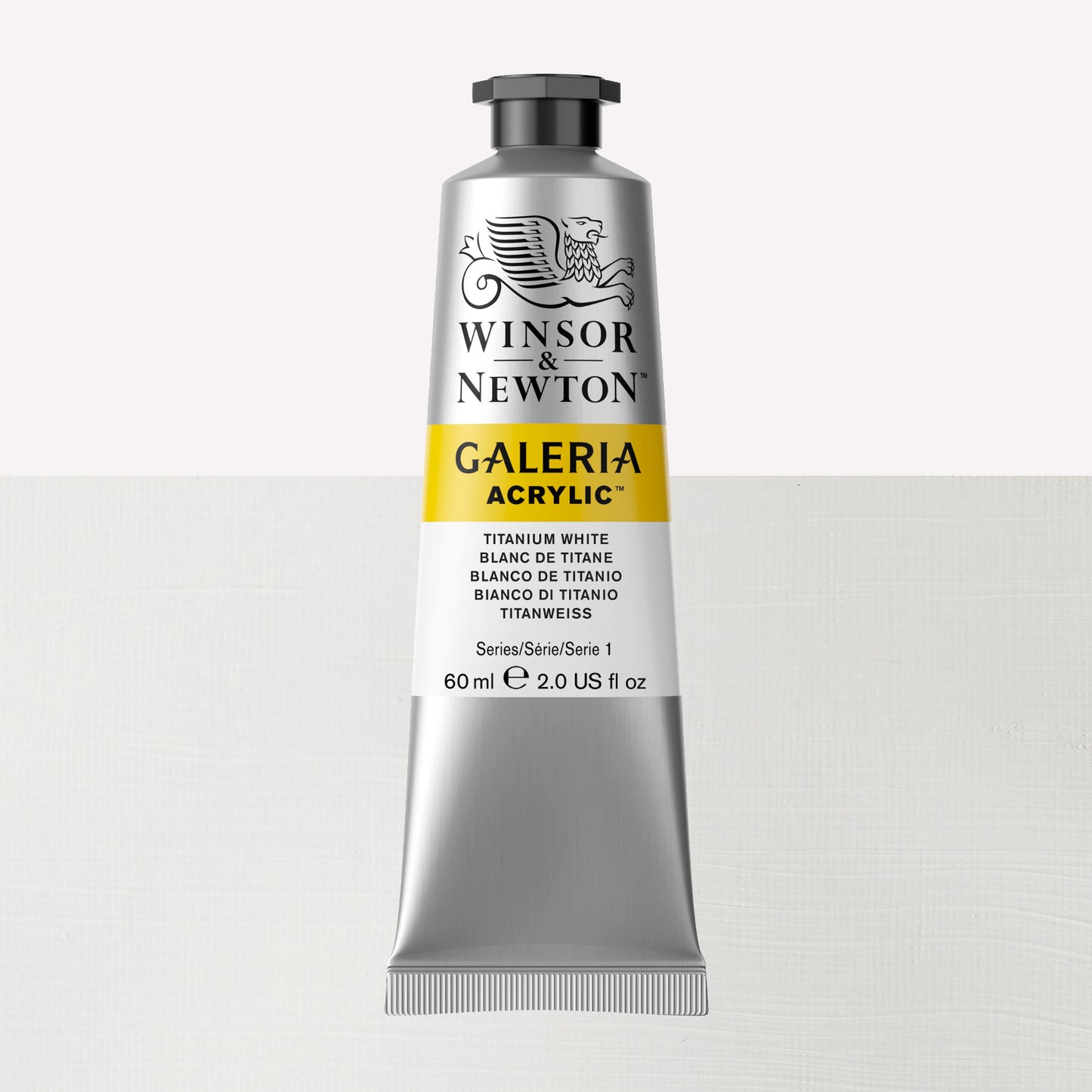 A 60ml tube of vibrant Galeria Acrylic paint in the shade Titanium White. This professional-quality paint is packaged in a silver tube with a black lid. Made by Winsor and Newton.