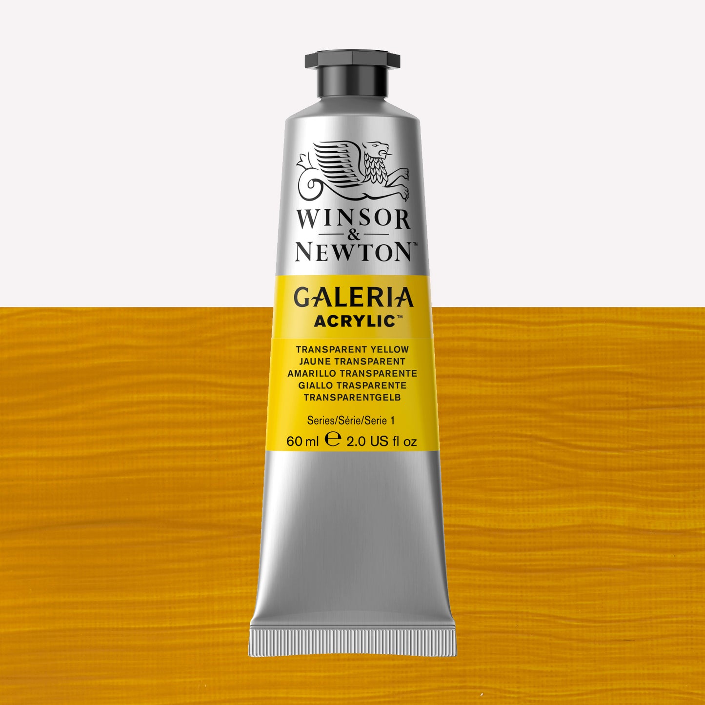 A 60ml tube of vibrant Galeria Acrylic paint in the shade Transparent Yellow . This paint, made by Winsor and Newton, is packaged in a silver tube with a black lid. 