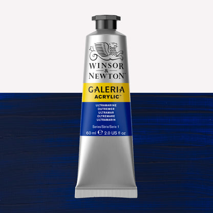 A 60ml tube of vibrant Galeria Acrylic paint in the shade Ultramarine. This professional-quality paint is packaged in a silver tube with a black lid. Made by Winsor and Newton.