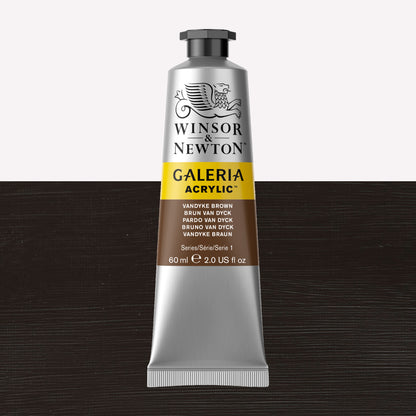 A 60ml tube of vibrant Galeria Acrylic paint in the shade Vandyke Brown. This professional-quality paint is packaged in a silver tube with a black lid. Made by Winsor and Newton.