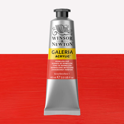 A 60ml tube of vibrant Galeria Acrylic paint in the shade Vermilon Hue. This paint, made by Winsor and Newton, is packaged in a silver tube with a black lid. 