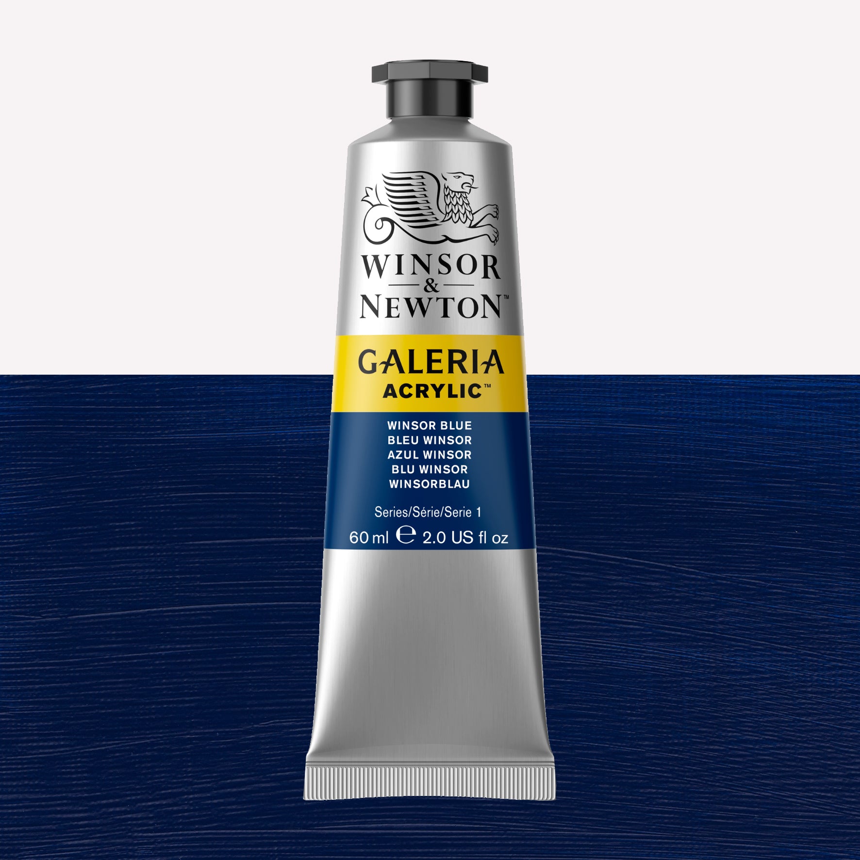 A 60ml tube of vibrant Galeria Acrylic paint in the shade Winsor Blue. This professional-quality paint is packaged in a silver tube with a black lid. Made by Winsor and Newton.