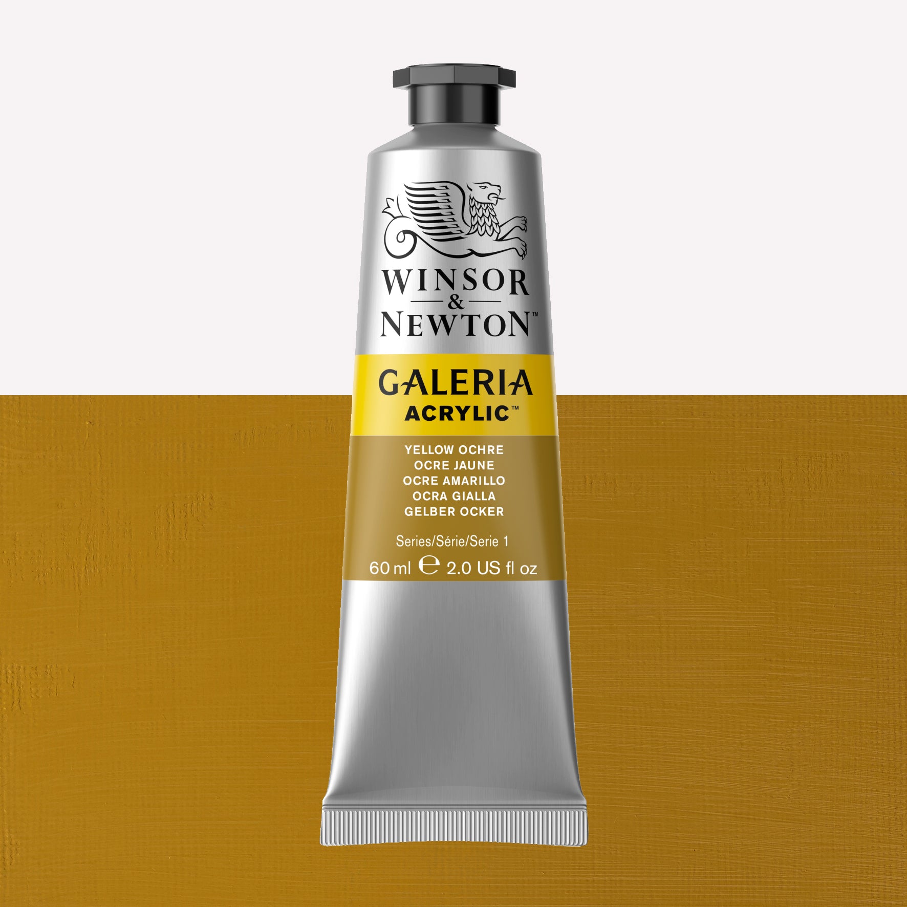A 60ml tube of vibrant Galeria Acrylic paint in the shade Yellow Ochre. This professional-quality paint is packaged in a silver tube with a black lid. Made by Winsor and Newton.