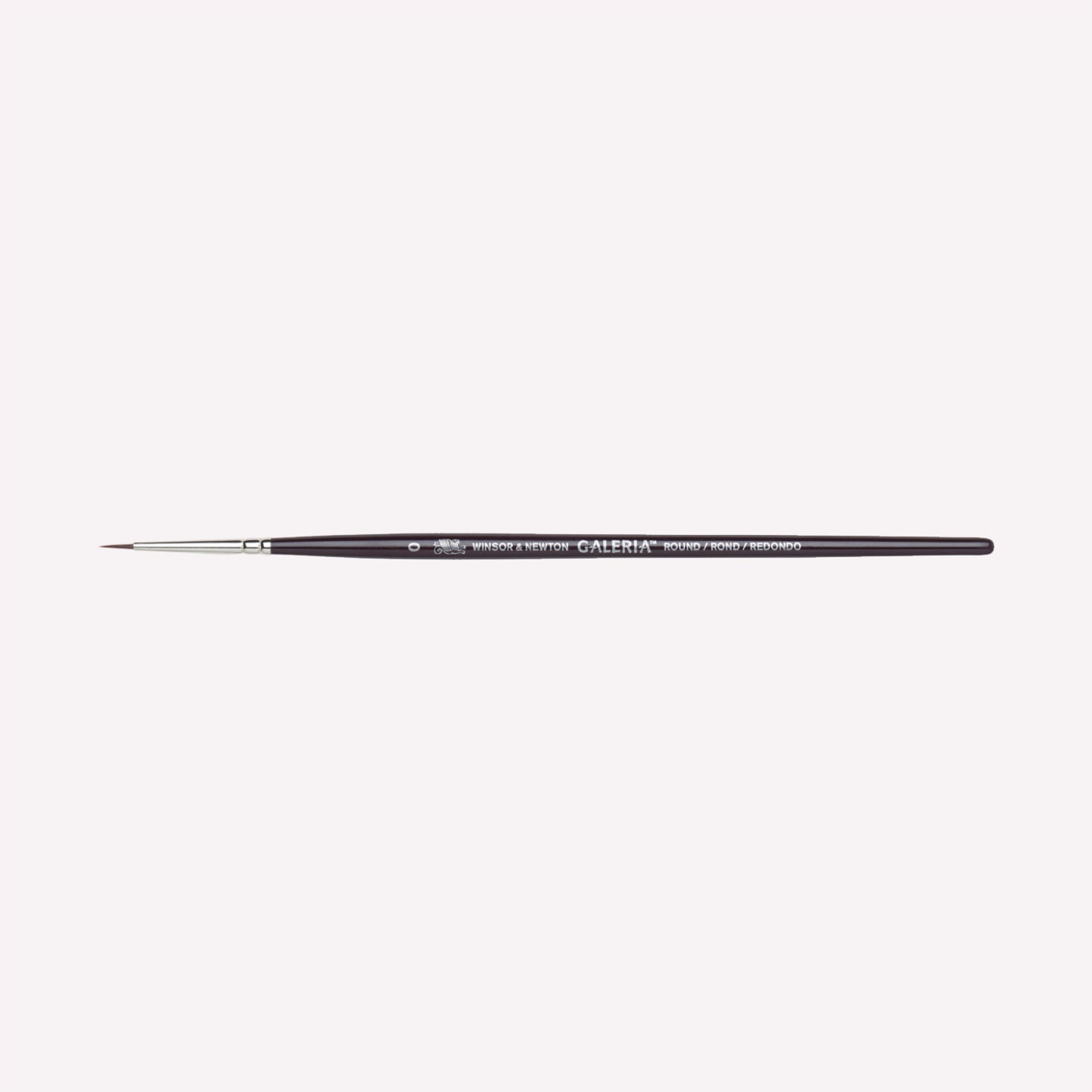 Winsor & Newton Galeria Round paintbrush in size 0. Brushes have synthetic filaments, and short wooden handles. 