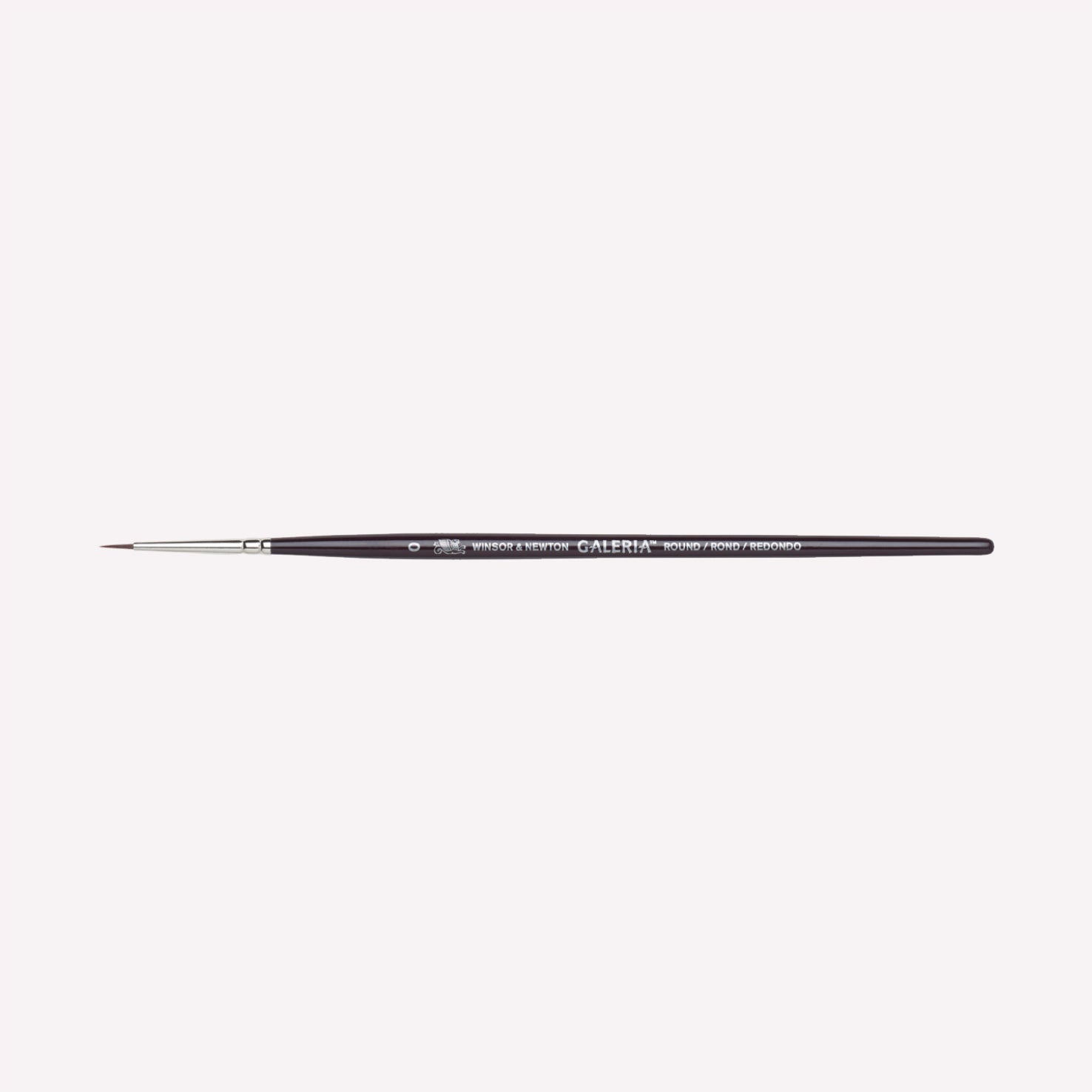 Winsor & Newton Galeria Round paintbrush in size 0. Brushes have synthetic filaments, and short wooden handles. 