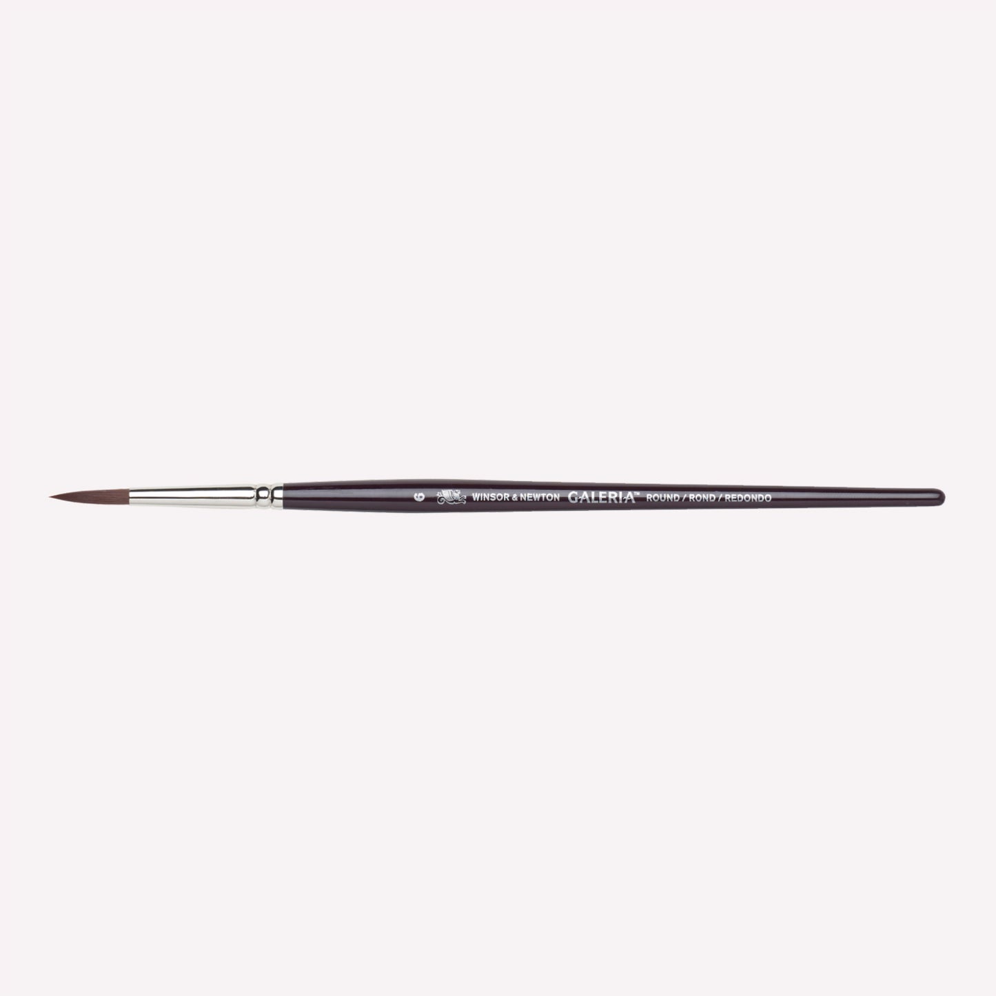 Winsor & Newton Galeria Round paintbrush in size 6. Brushes have synthetic filaments, and short wooden handles. 