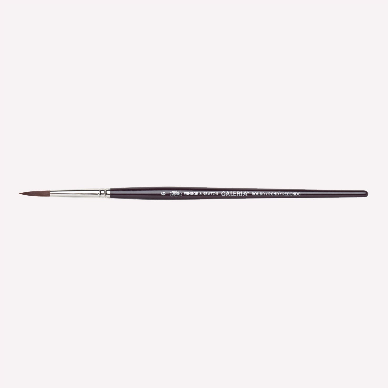 Winsor & Newton Galeria Round paintbrush in size 6. Brushes have synthetic filaments, and short wooden handles. 