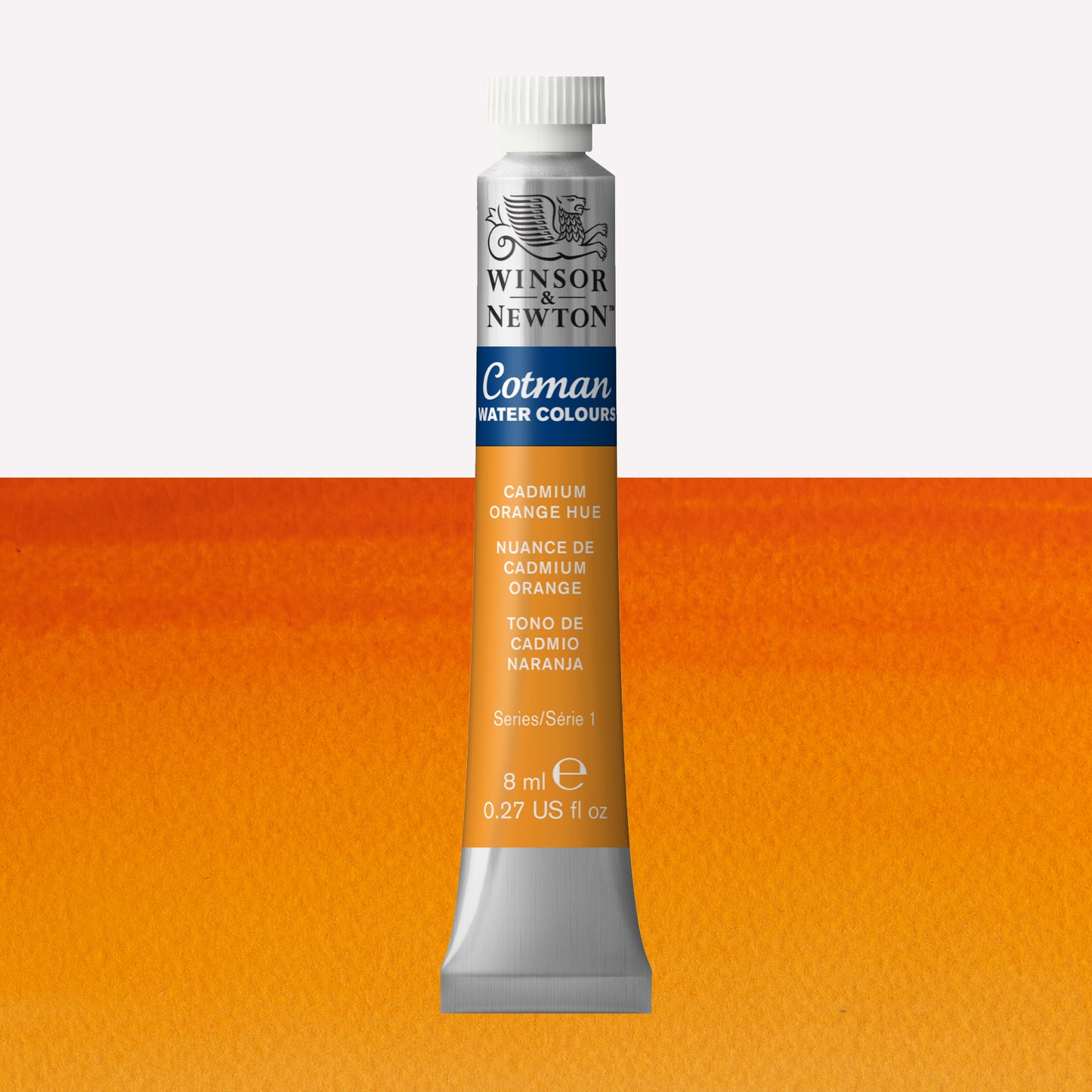 Winsor & Newton Cotman watercolour paint packaged in 8ml silver tubes with a white lid in the shade Cadmium Orange Hue Pale over a highly pigmented colour swatch.