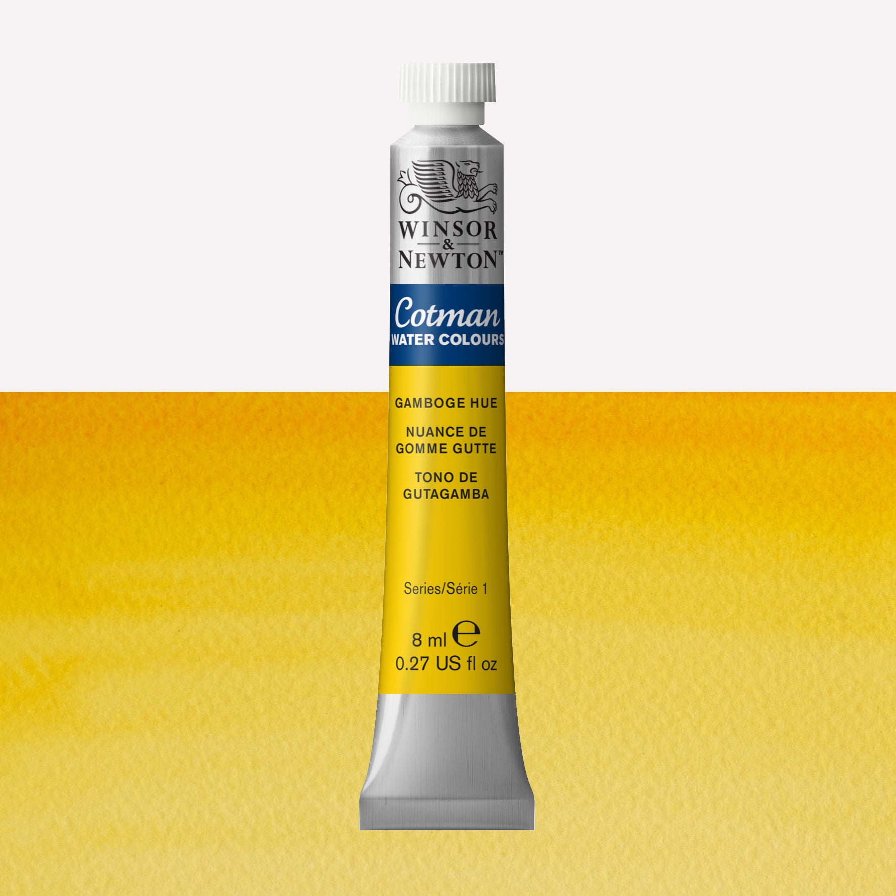 Winsor & Newton Cotman watercolour paint packaged in 8ml silver tubes with a white lid in the shade Gamboge Hue, over a warm yellow colour swatch.