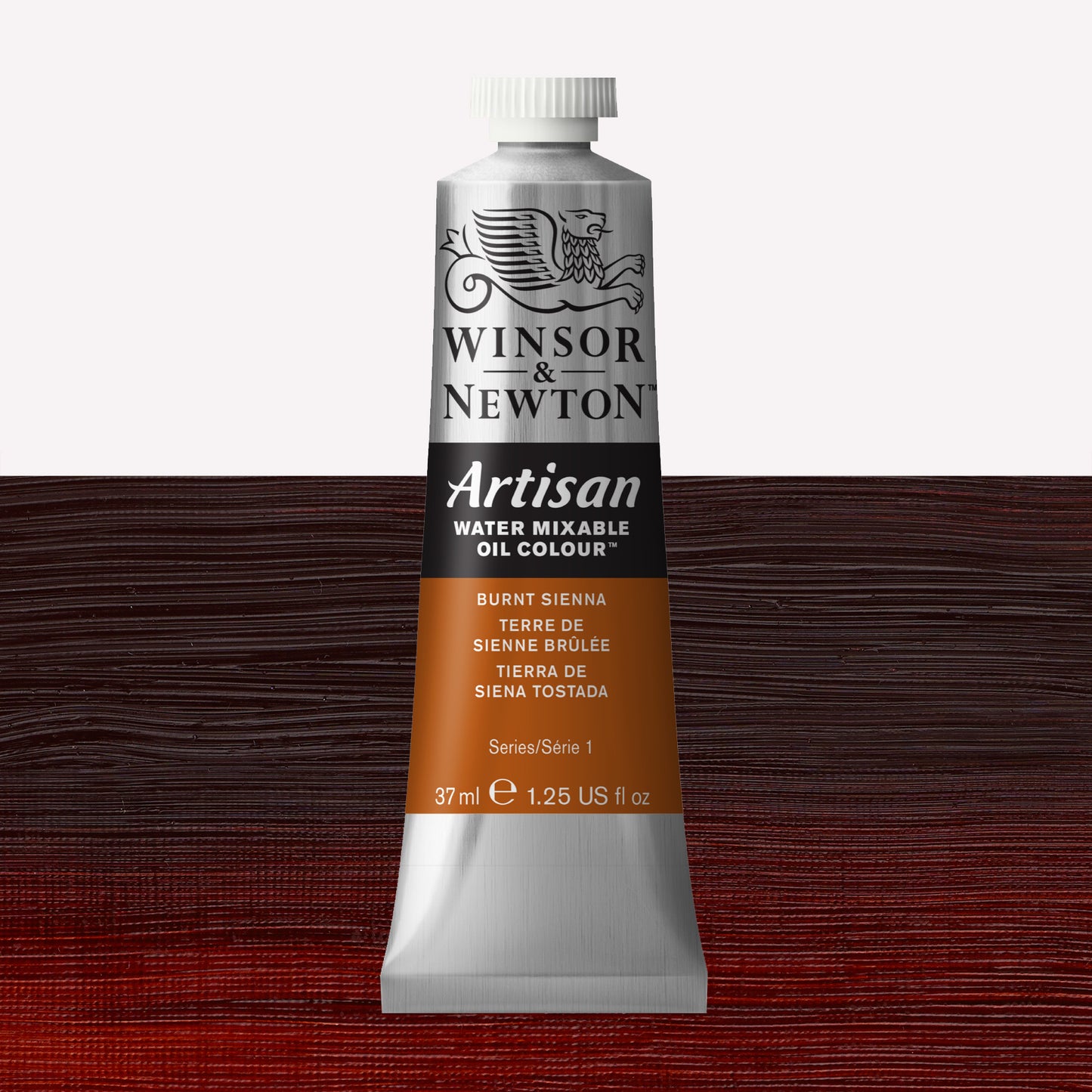 A 37ml silver tube of Winsor & Newton, Artisan Water Mixable Oil Colour in the shade Burnt Sienna, over a beautifully pigmented colour swatch. 