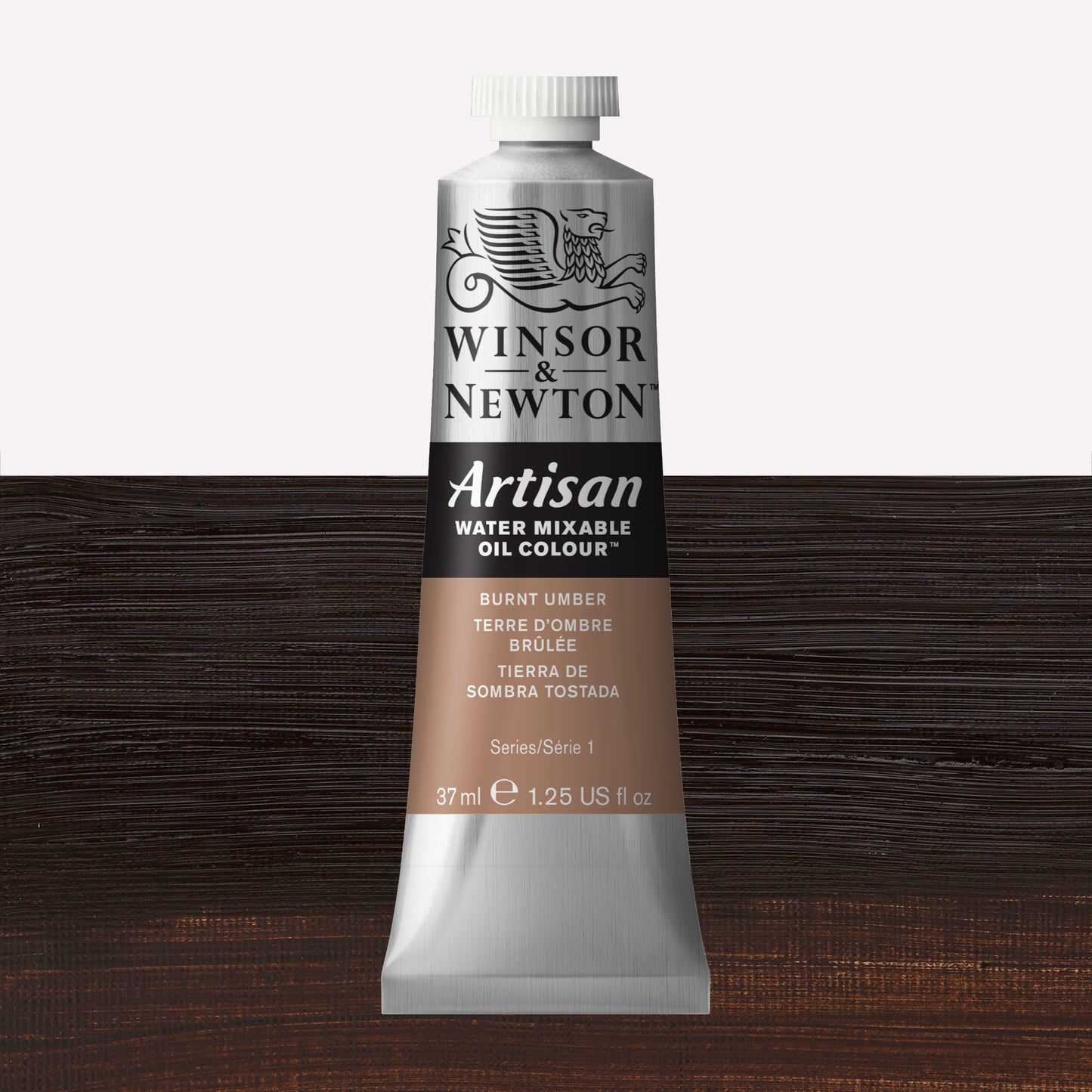 A 37ml silver tube of Winsor & Newton, Artisan Water Mixable Oil Colour in the shade Burnt Umber, over a beautifully pigmented colour swatch