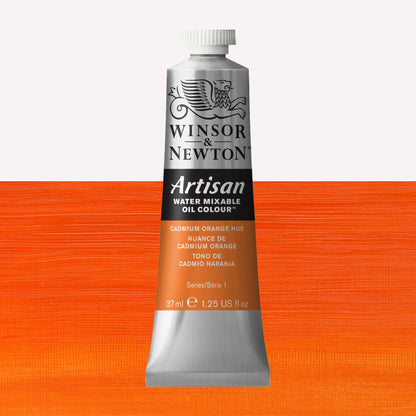 A 37ml silver tube of Winsor & Newton, Artisan Water Mixable Oil Colour in the shade Cadmium Orange Hue, over a beautifully pigmented colour swatch.