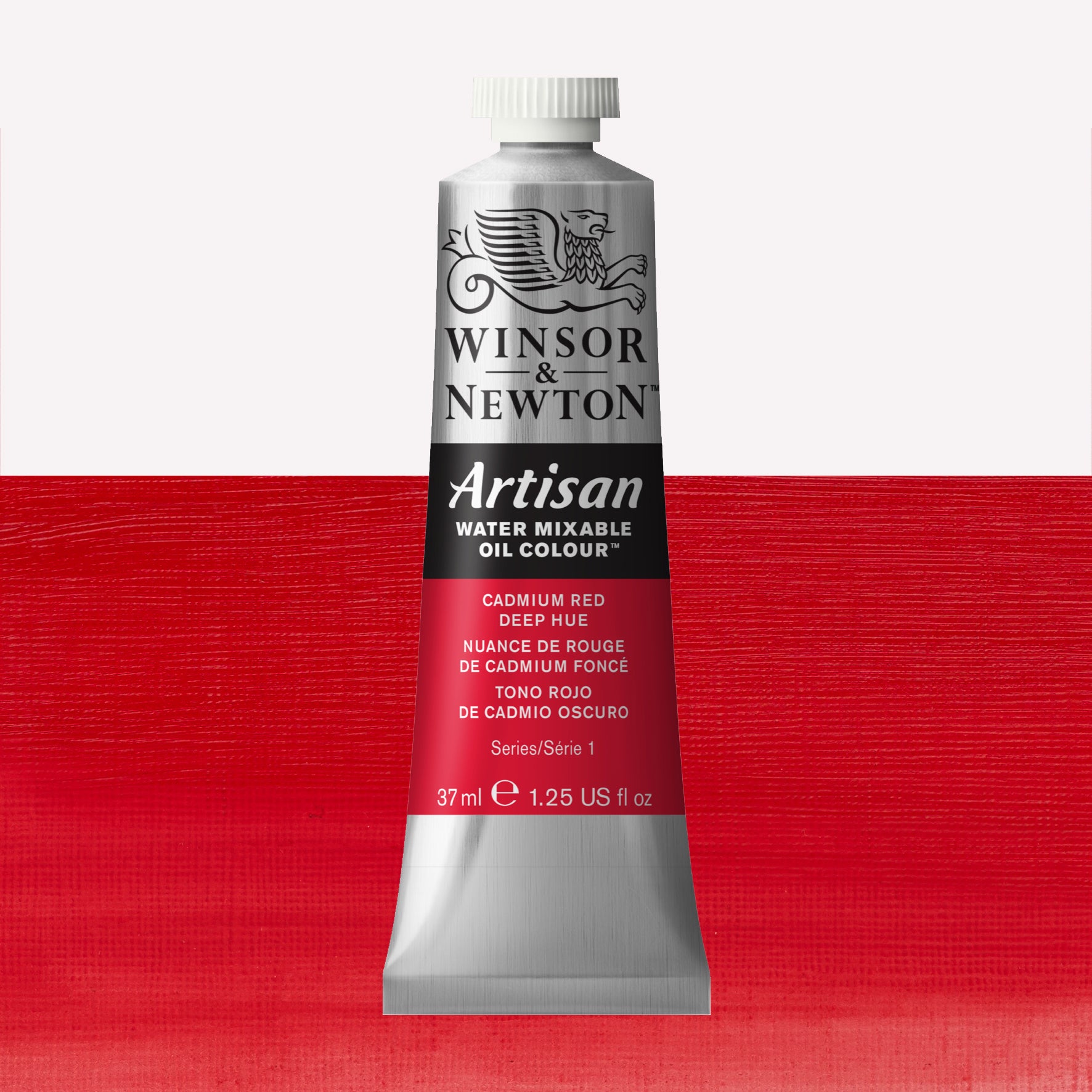 A 37ml silver tube of Winsor & Newton, Artisan Water Mixable Oil Colour in the shade Cadmium Deep Red Hue, over a beautifully pigmented colour swatch. 