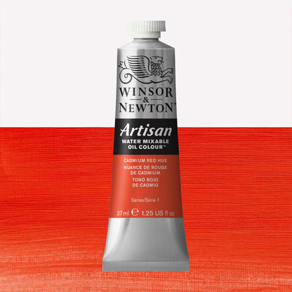 A 37ml silver tube of Winsor & Newton, Artisan Water Mixable Oil Colour in the shade Cadmium Red Hue, over a beautifully pigmented colour swatch. 