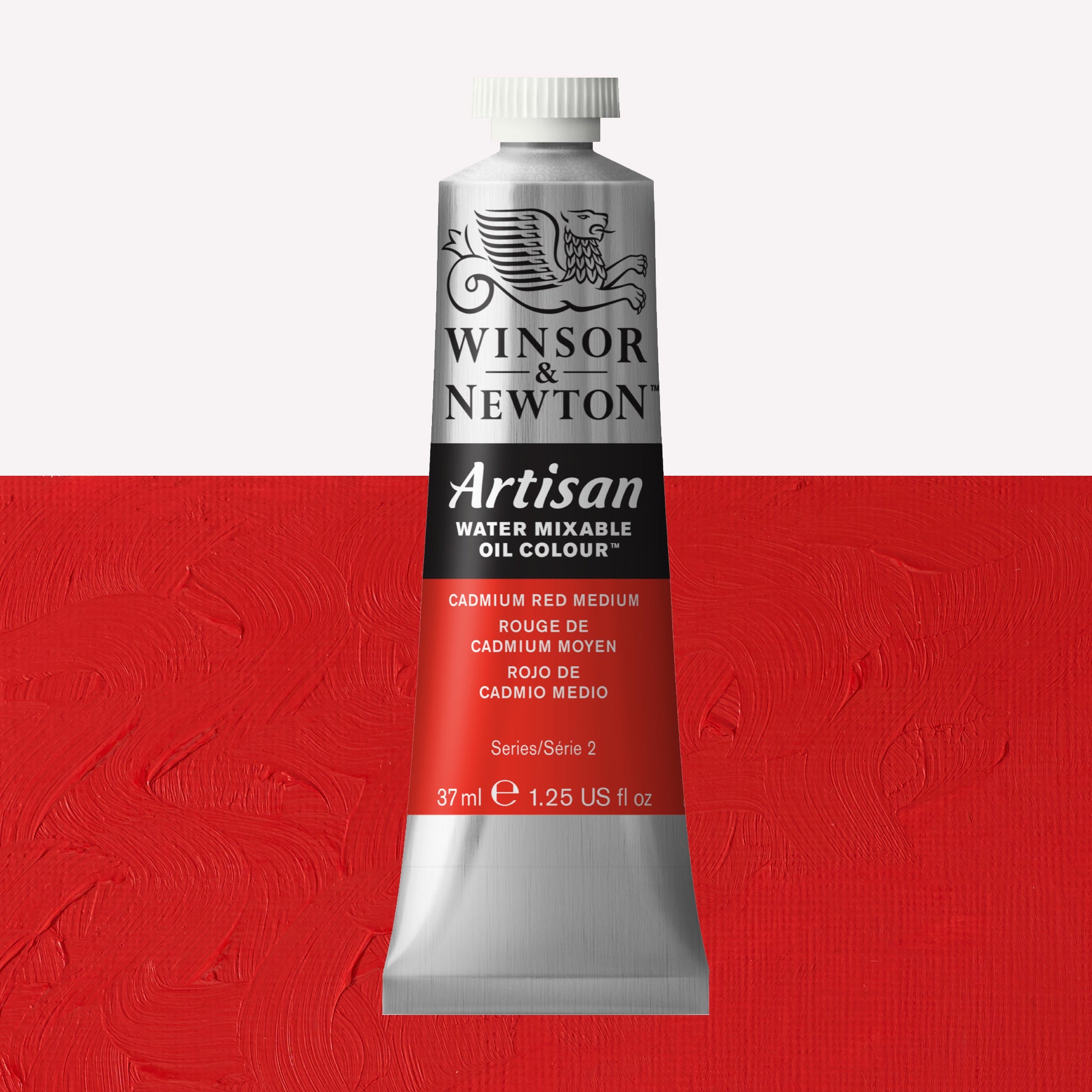 A 37ml silver tube of Winsor & Newton, Artisan Water Mixable Oil Colour in the shade Cadmium Red Medium, over a beautifully pigmented colour swatch. 