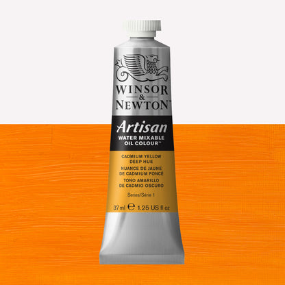 A 37ml silver tube of Winsor & Newton, Artisan Water Mixable Oil Colour in the shade Cadmium Yellow Deep Hue, over a beautifully pigmented colour swatch. 