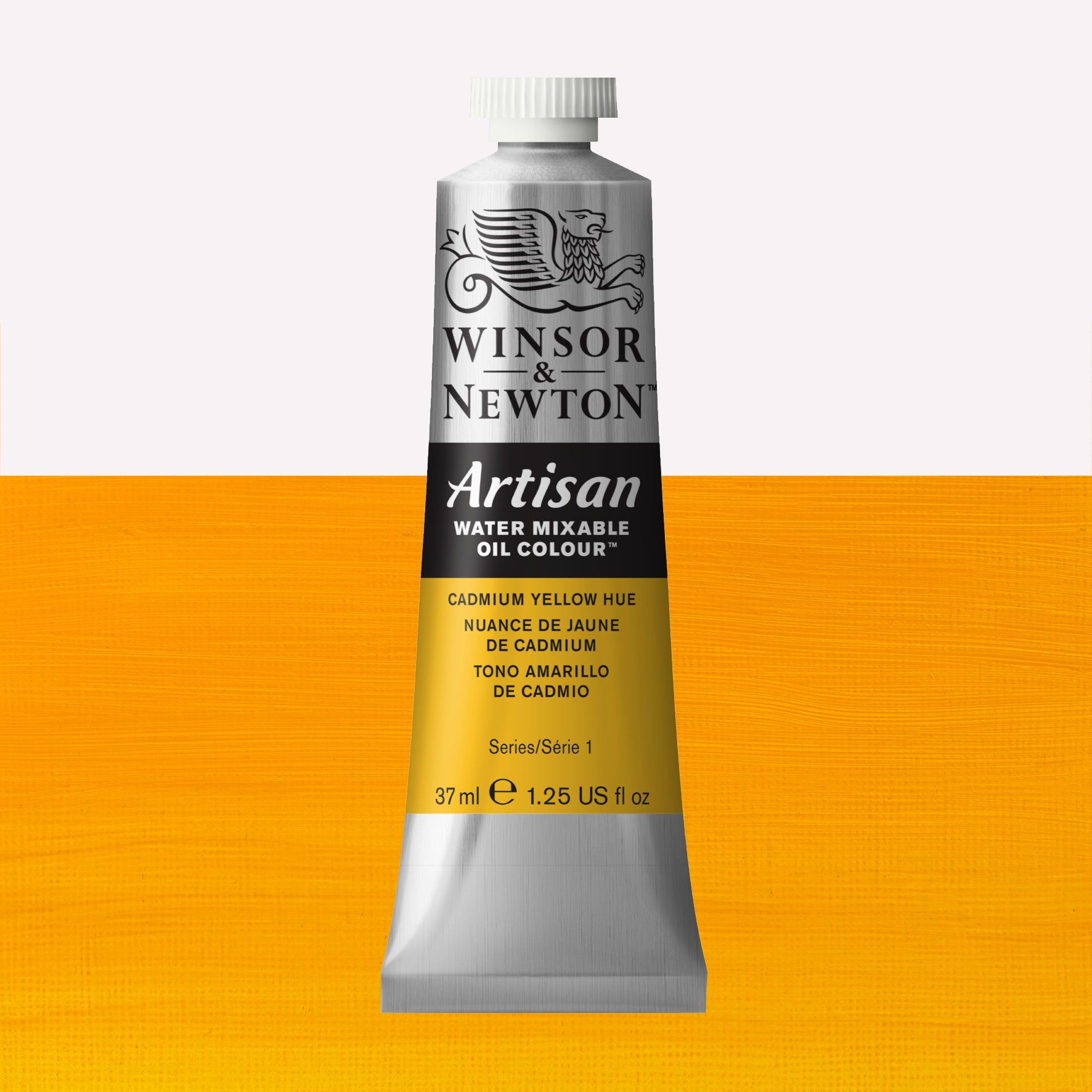 A 37ml silver tube of Winsor & Newton, Artisan Water Mixable Oil Colour in the shade Cadmium Yellow Hue, over a beautifully pigmented colour swatch. 