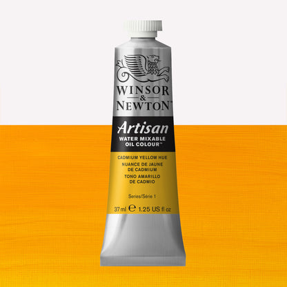 A 37ml silver tube of Winsor & Newton, Artisan Water Mixable Oil Colour in the shade Cadmium Yellow Hue, over a beautifully pigmented colour swatch. 