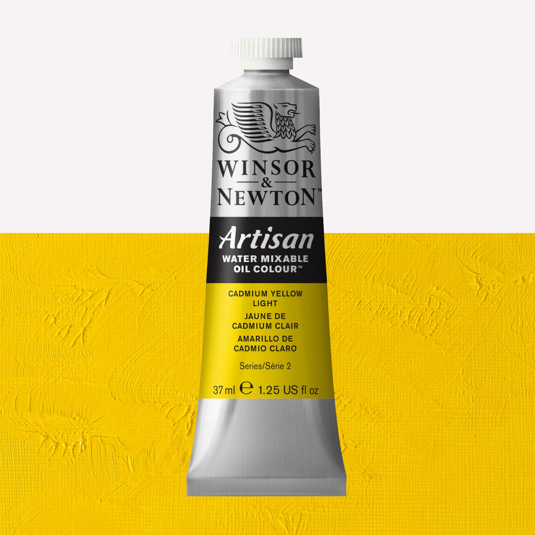 A 37ml silver tube of Winsor & Newton, Artisan Water Mixable Oil Colour in the shade Cadmium Yellow Light, over a beautifully pigmented colour swatch. 