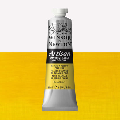 A 37ml silver tube of Winsor & Newton, Artisan Water Mixable Oil Colour in the shade Cadmium Yellow Pale Hue, over a beautifully pigmented colour swatch. 
