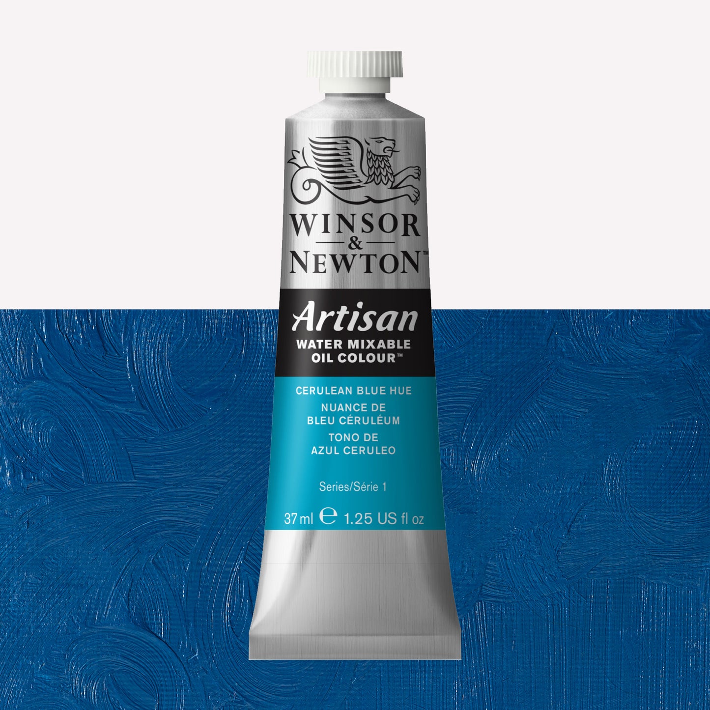 A 37ml silver tube of Winsor & Newton, Artisan Water Mixable Oil Colour in the shade Cerulean Blue Hue, over a beautifully pigmented colour swatch. 