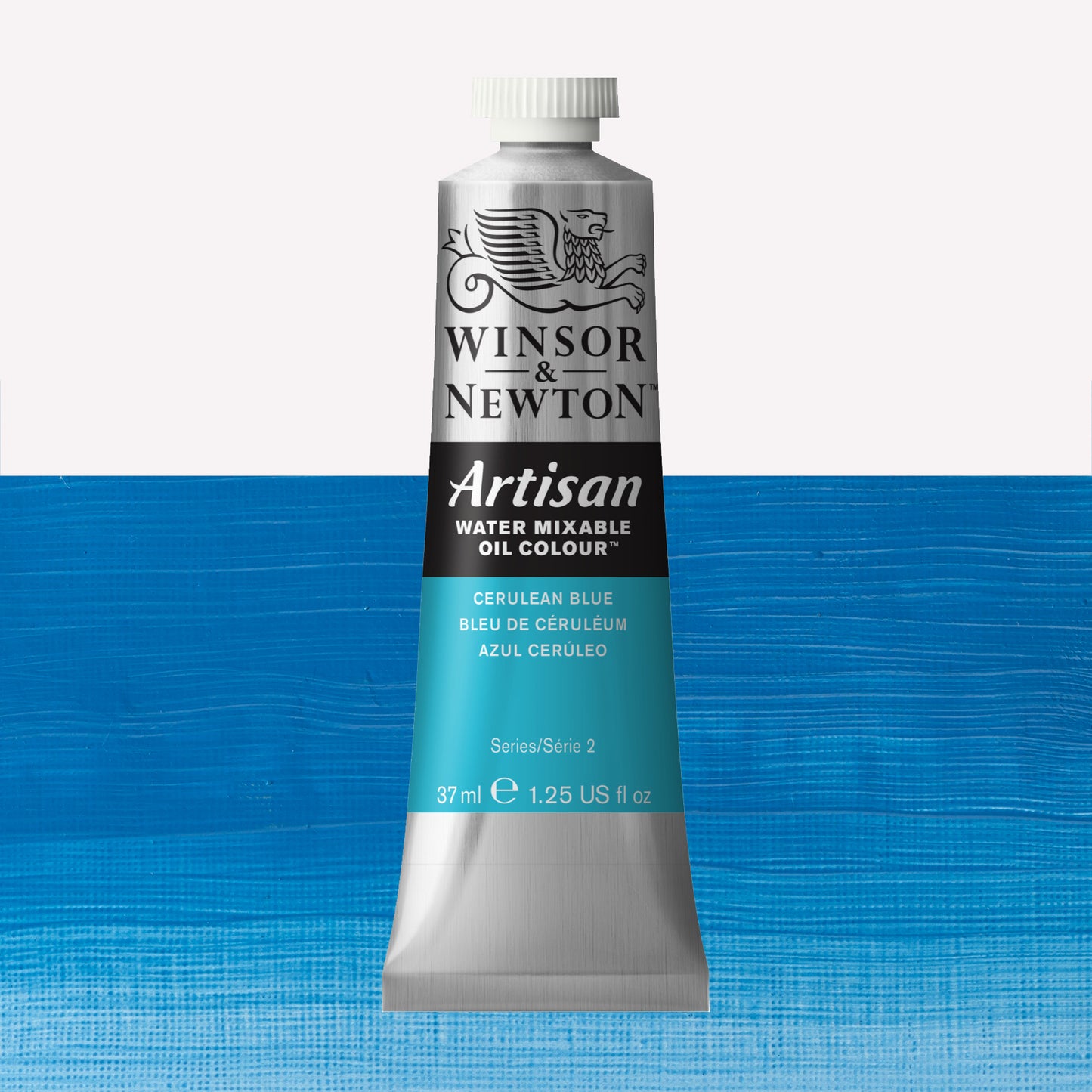 A 37ml silver tube of Winsor & Newton, Artisan Water Mixable Oil Colour in the shade Cerulean Blue, over a beautifully pigmented colour swatch. 