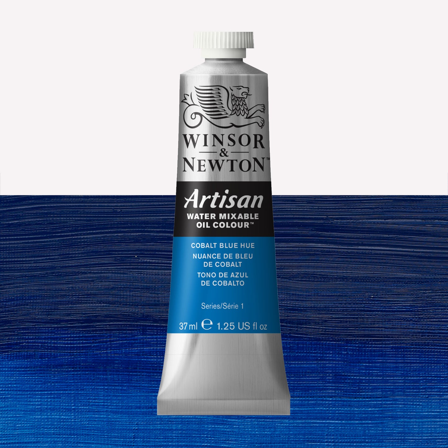 A 37ml silver tube of Winsor & Newton, Artisan Water Mixable Oil Colour in the shade Cobalt Blue Hue, over a beautifully pigmented colour swatch. 