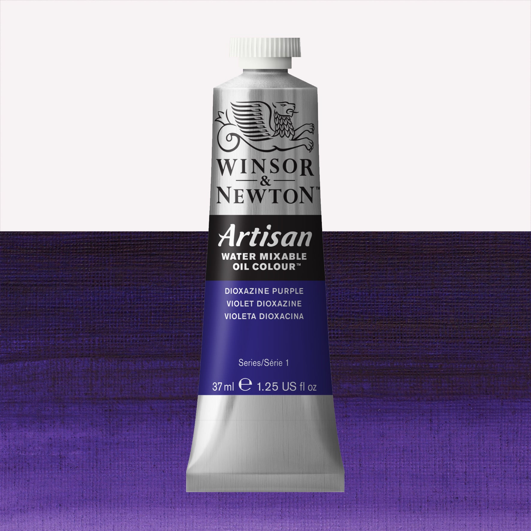 A 37ml silver tube of Winsor & Newton, Artisan Water Mixable Oil Colour in the shade Dioxazine Purple, over a beautifully pigmented colour swatch. 