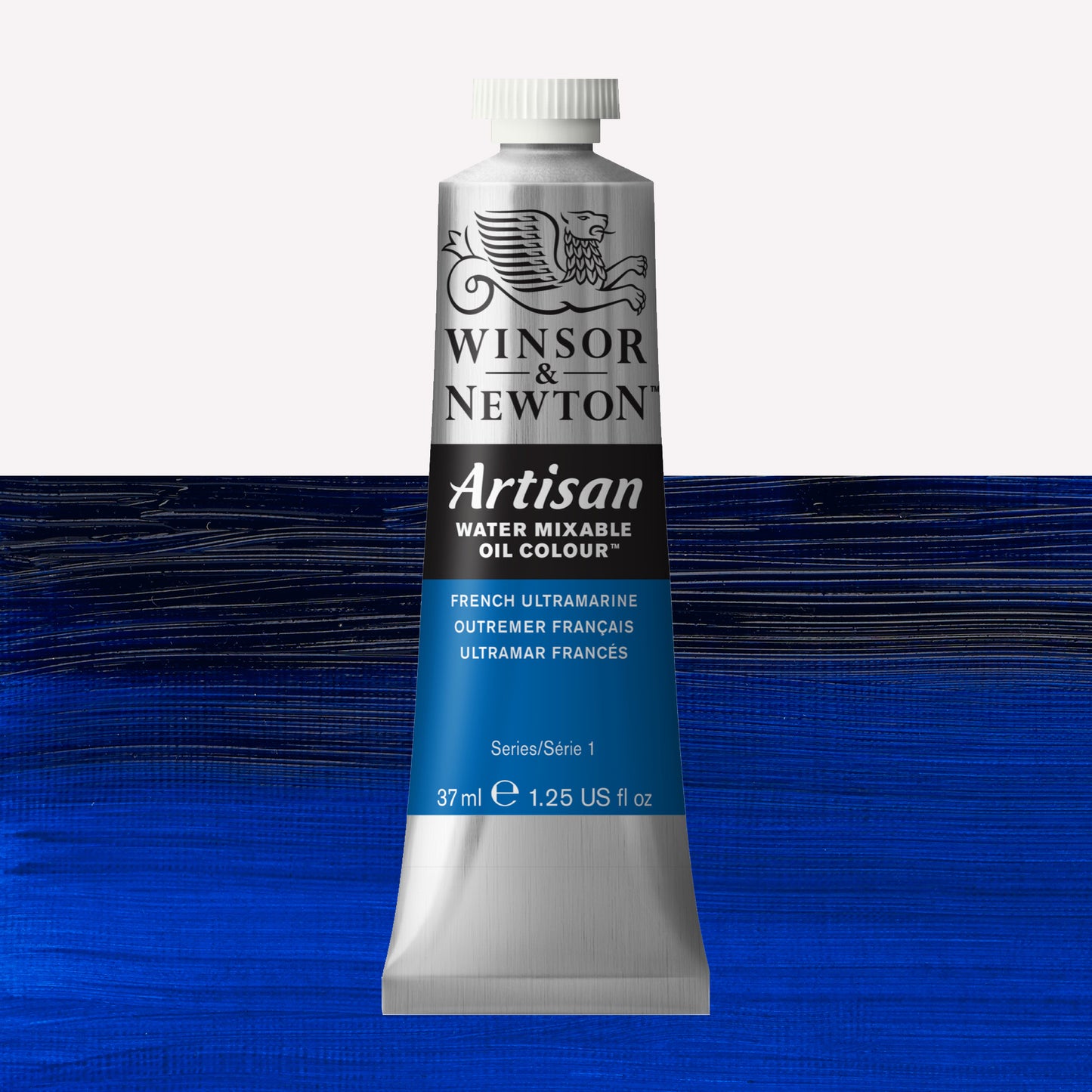 A 37ml silver tube of Winsor & Newton, Artisan Water Mixable Oil Colour in the shade French Ultramarine, over a beautifully pigmented colour swatch. 