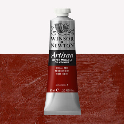 A 37ml silver tube of Winsor & Newton, Artisan Water Mixable Oil Colour in the shade Indian red, over a beautifully pigmented colour swatch. 