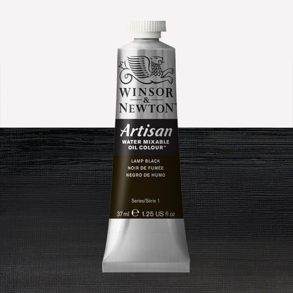 A 37ml silver tube of Winsor & Newton, Artisan Water Mixable Oil Colour in the shade Lamp Black, over a beautifully pigmented colour swatch. 