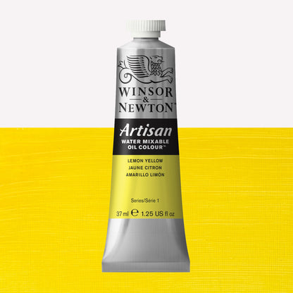 A 37ml silver tube of Winsor & Newton, Artisan Water Mixable Oil Colour in the shade Lemon Yellow, over a beautifully pigmented colour swatch. 