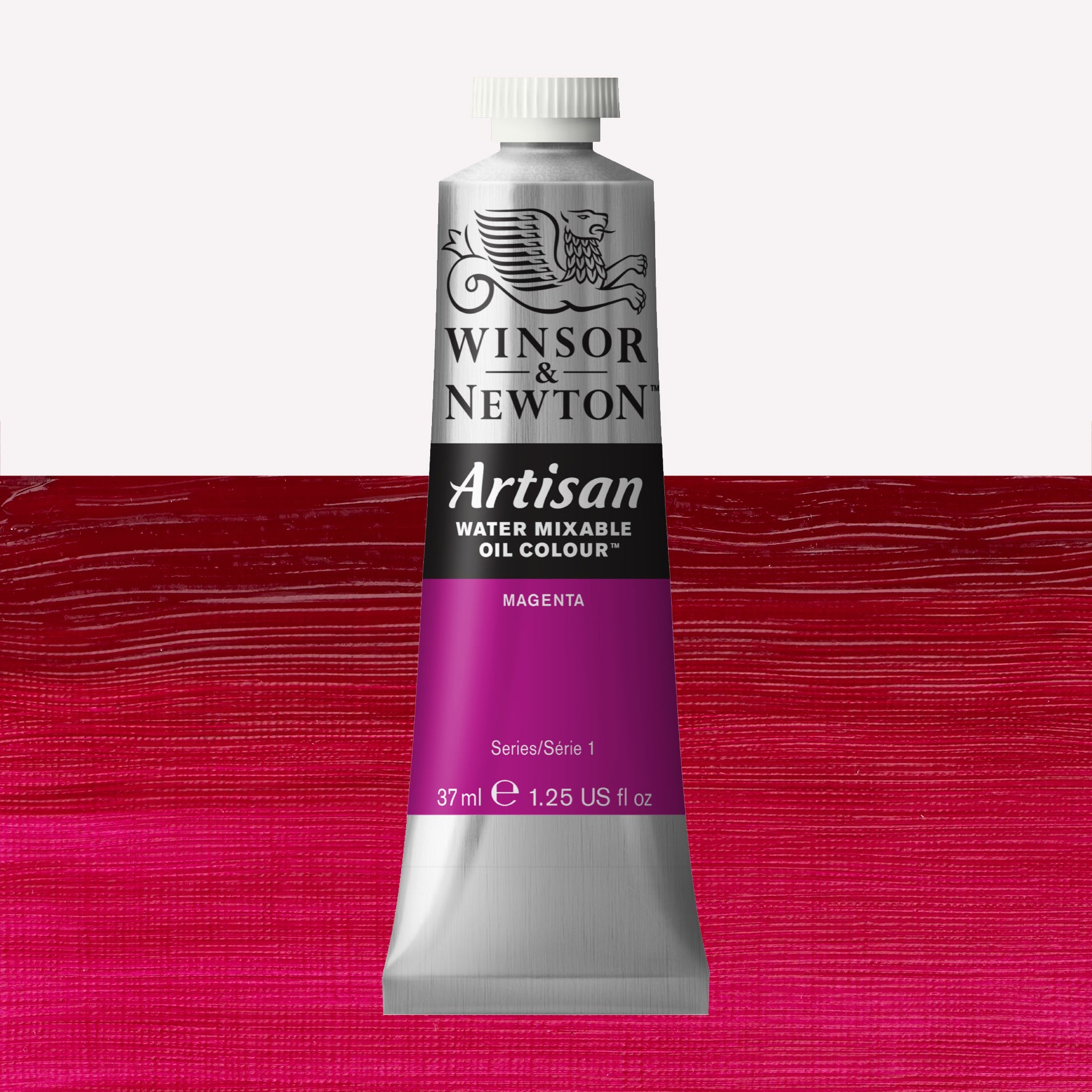 A 37ml silver tube of Winsor & Newton, Artisan Water Mixable Oil Colour in the shade Magenta, over a beautifully pigmented colour swatch. 