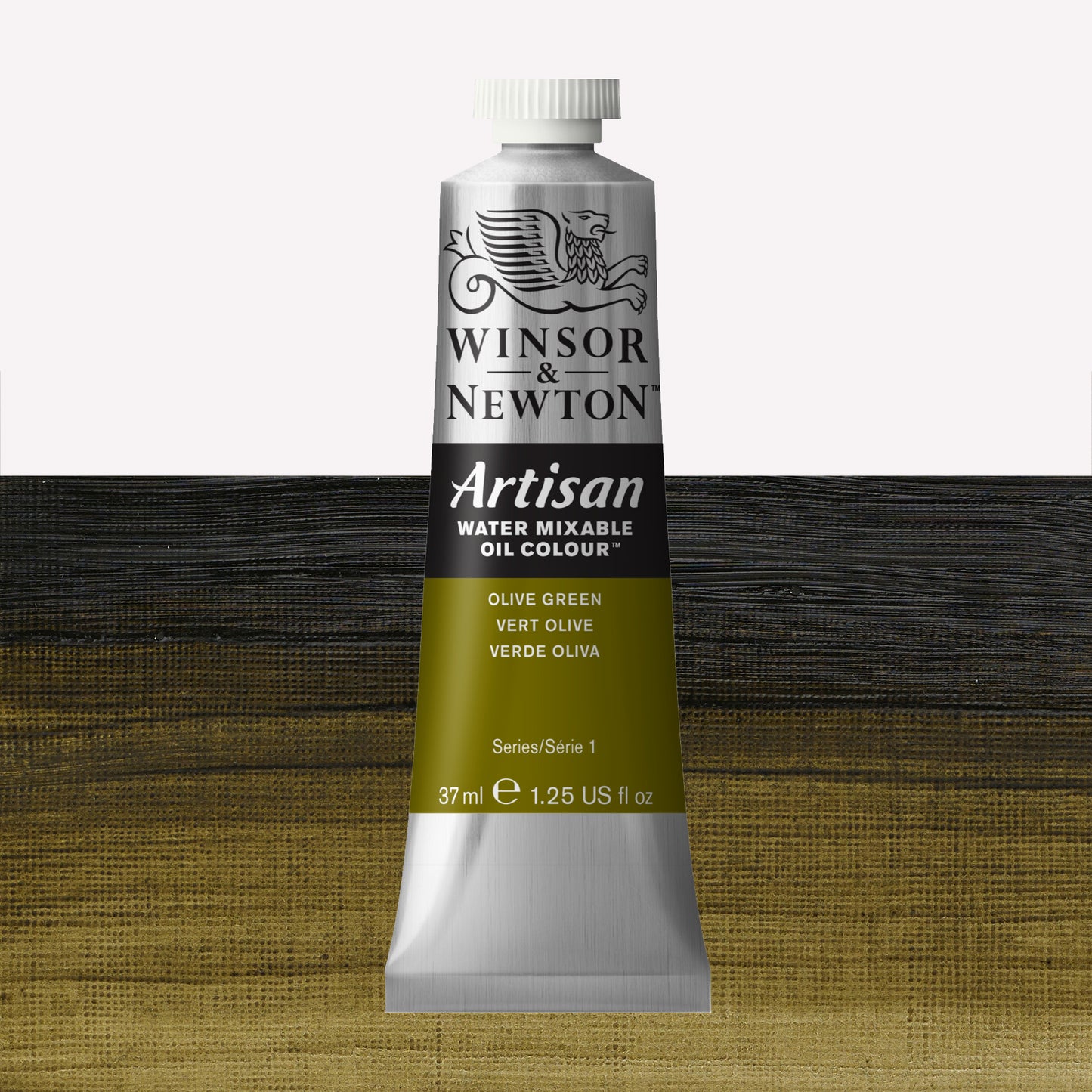 A 37ml silver tube of Winsor & Newton, Artisan Water Mixable Oil Colour in the shade Olive Green, over a beautifully pigmented colour swatch.