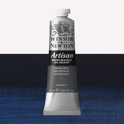 A 37ml silver tube of Winsor & Newton, Artisan Water Mixable Oil Colour in the shade Payne’s Gray, over a beautifully pigmented colour swatch. 