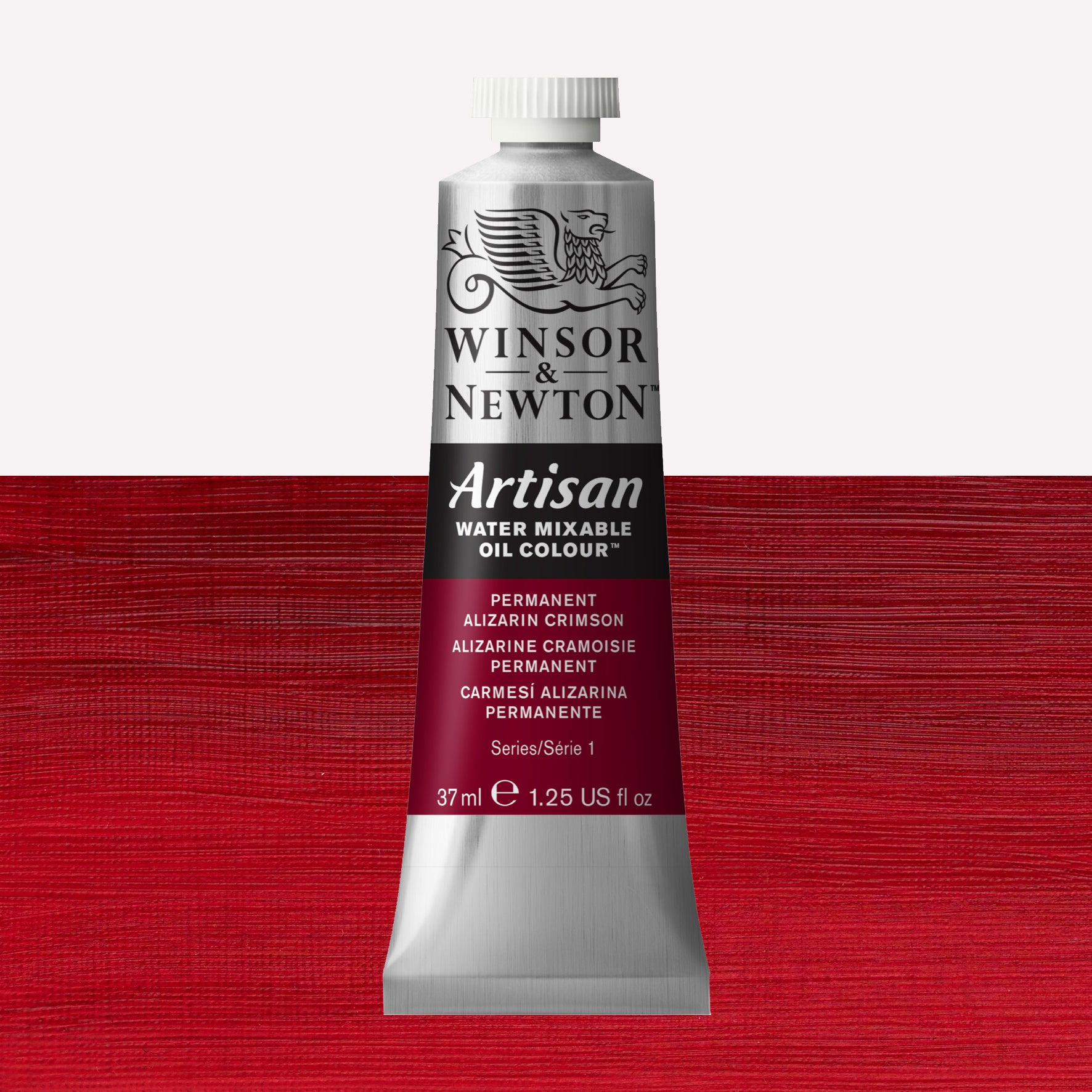 A 37ml silver tube of Winsor & Newton, Artisan Water Mixable Oil Colour in the shade Permanent Alizarin Crimson, over a beautifully pigmented colour swatch.