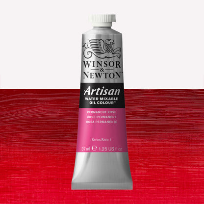 A 37ml silver tube of Winsor & Newton, Artisan Water Mixable Oil Colour in the shade Permanent Rose, over a beautifully pigmented colour swatch. 