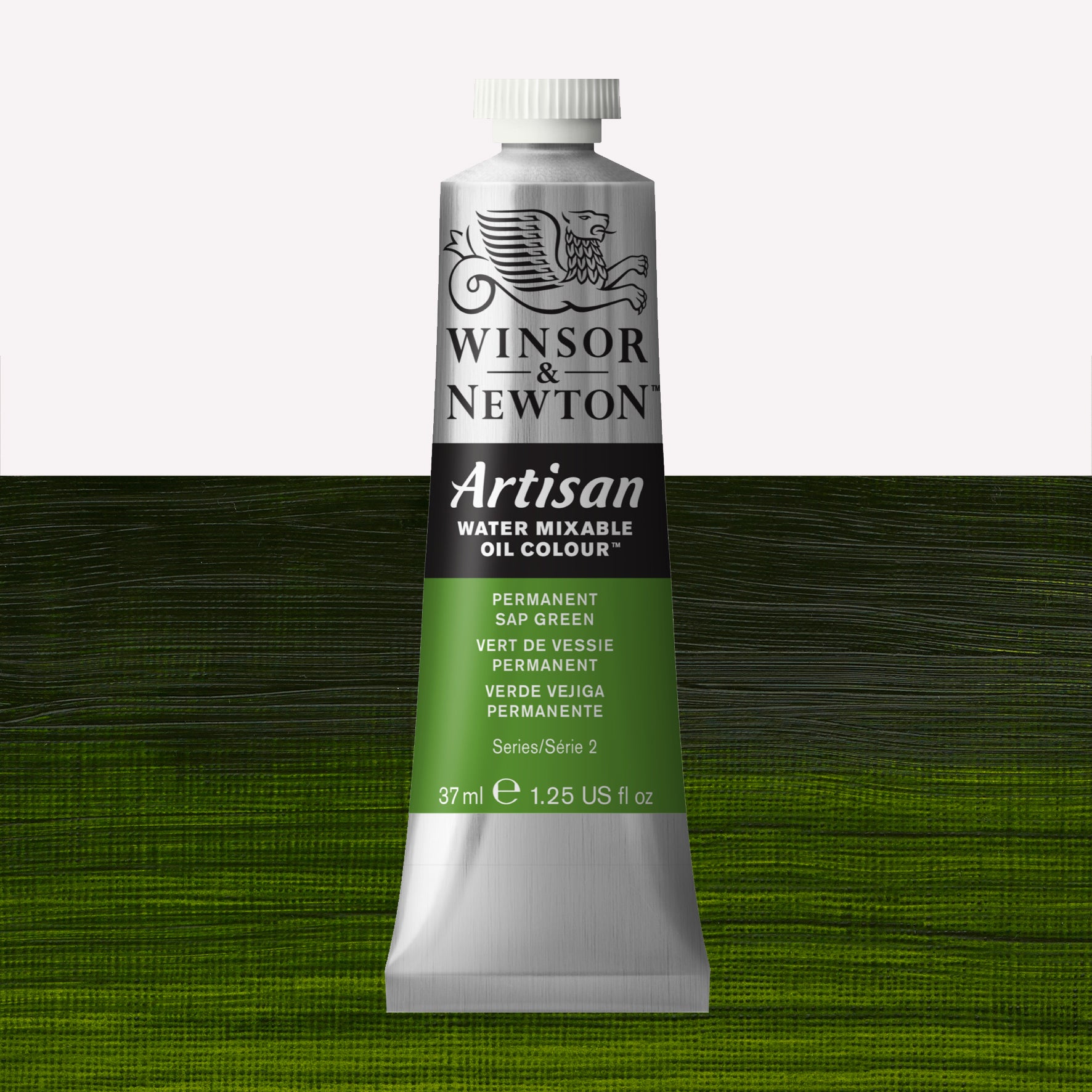 A 37ml silver tube of Winsor & Newton, Artisan Water Mixable Oil Colour in the shade Permanent Sap Green, over a beautifully pigmented colour swatch. 